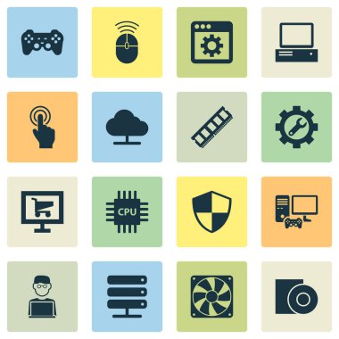 Dizüstü bilgisayarı, kontrol cihazı, joystick ve diğer dinamik hafıza elemanları olan dijital simgeler ayarlandı. İzole edilmiş illüstrasyon dijital simgeleri.