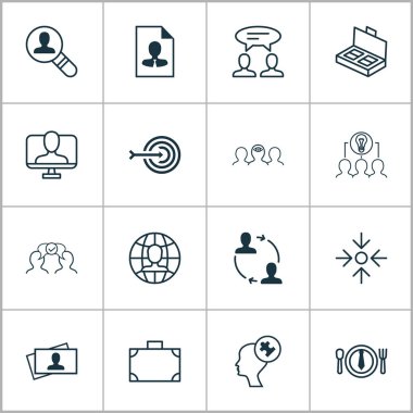 Yönetim simgeleri problem çözme, ortaklık, internet kimliği ve diğer işbirliği unsurlarıyla ayarlandı. İzole edilmiş illüstrasyon yönetim simgeleri.
