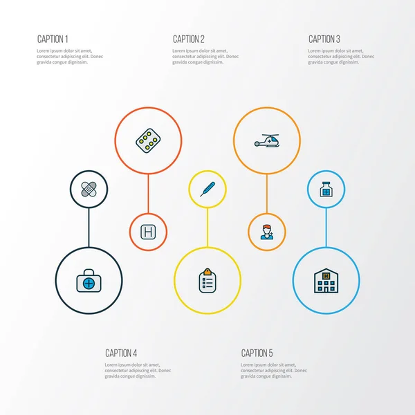 Antibiotic icons colored line set with drugs, temperature measurement, hospital and other plaster elements. Isolated illustration antibiotic icons. — 스톡 사진