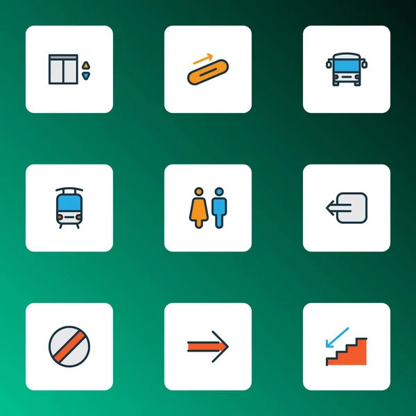 Navigation icons colored line set with way out, train, steps down and other ban elements. Isolated illustration navigation icons. — 스톡 사진