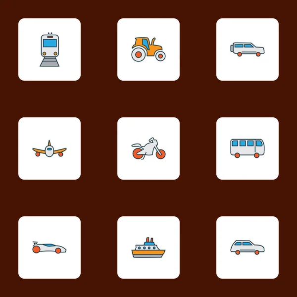 Ikony transportowe kolorowy zestaw linii z motocyklem, samolotem, samochodem miejskim i innych elementów rolniczych samochodu. Izolowane ikony transportu ilustracji. — Zdjęcie stockowe