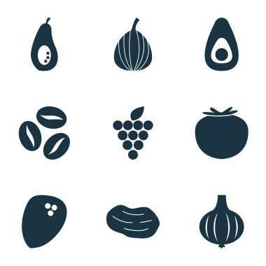 Lezzetli meyve ikonları, üzümler, patates ve diğer ketçap elementleri. İzole vektör illüstrasyon meyve simgeleri.