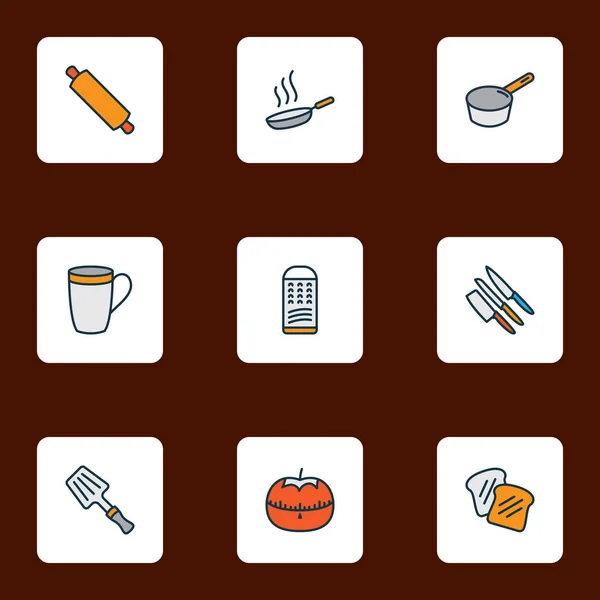 Iconos culinarios línea de colores con sartén de salsa, taza, rodillo y otros elementos de la cortadora. Iconos culinarios de ilustración vectorial aislado . — Vector de stock