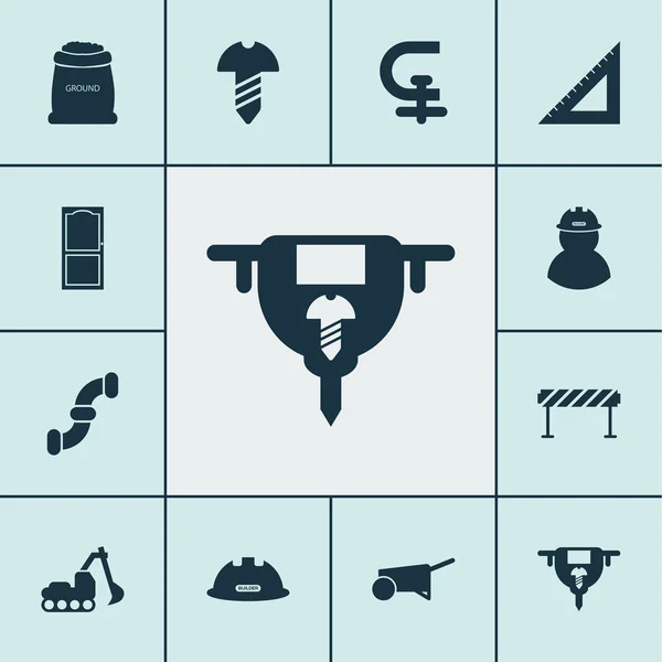 Construction icons set with auger, barrage, straightedge and other approach elements. Isolated illustration construction icons. — Stok fotoğraf