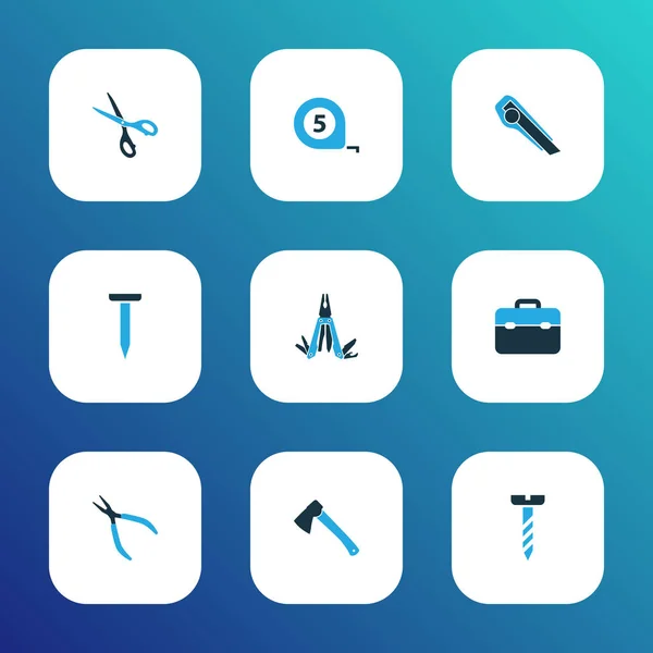 Handverktyg ikoner färgad uppsättning med yxa, spik, verktygslåda och andra saxar element. Isolerade vektor illustration handverktyg ikoner. — Stock vektor