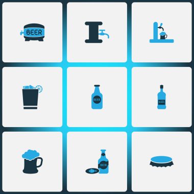 Bira kulesi, bira şişesi ve diğer konteynır elementleriyle renklendirilmiş ikonlar iç. İzole vektör illüstrasyon içecek simgeleri.