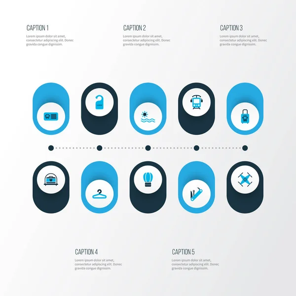 Cestovní ikony barevná sada s čtyřkolkou, elektrický vláček, multitool a další prvky skříně. Izolované ikony cestování vektorovou ilustrací. — Stockový vektor