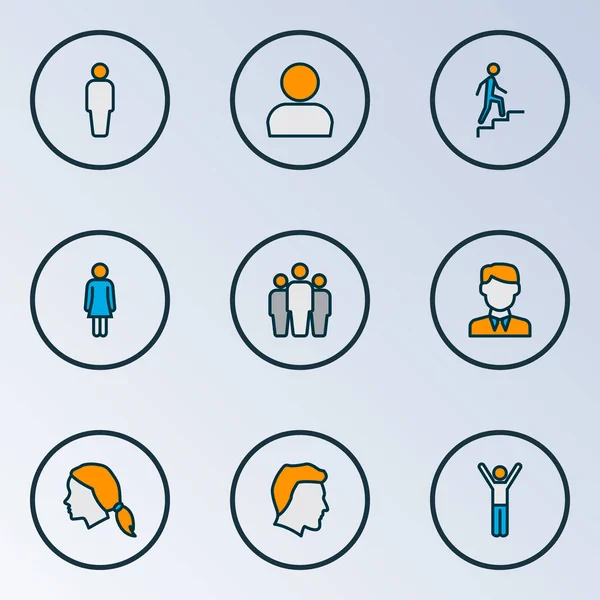 Pessoas ícones coloridos linha definida com cabeça de homem, homem subir escadas, cabeça de mulher e outros elementos do usuário. Isolado vetor ilustração pessoas ícones . —  Vetores de Stock