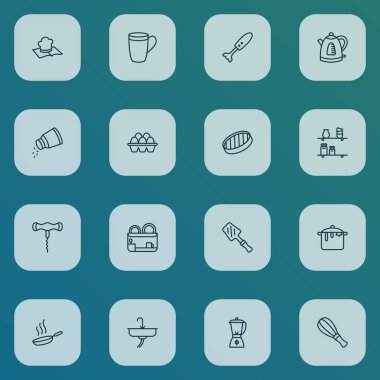 Culinary icons line style set with hot pan, electric kettle, salt and other smoothie elements. Isolated illustration culinary icons.
