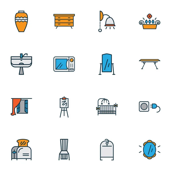 House icons colored line set with microwave, crib, wall lamp and other ceiling elements. Isolated illustration house icons. — Stok fotoğraf