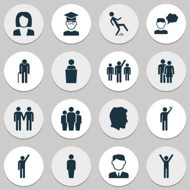 Hoparlörlerle, sevinçle, selfie ve diğer öğretim elemanlarıyla hazırlanmış simgeler. İzole vektör illüstrasyon kişisi simgeleri.