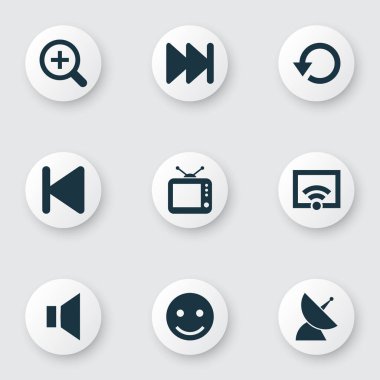 Medya simgeleri tekrar oynatım, emoji, kablosuz ağ ve diğer televizyon unsurlarıyla ayarlandı. İzole vektör illüstrasyon ortam simgeleri.