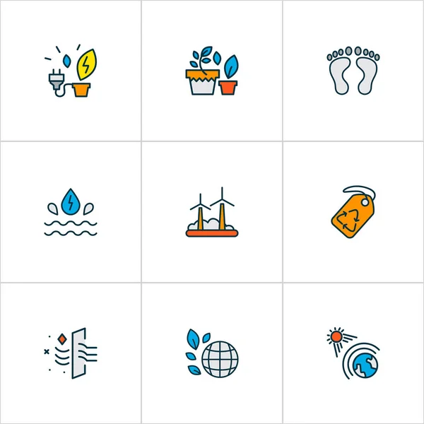 Eco icons colored line set with worlds batman, power from plants, water energy and other air cleaning elements. Isolated vector illustration eco icons. — Stock Vector