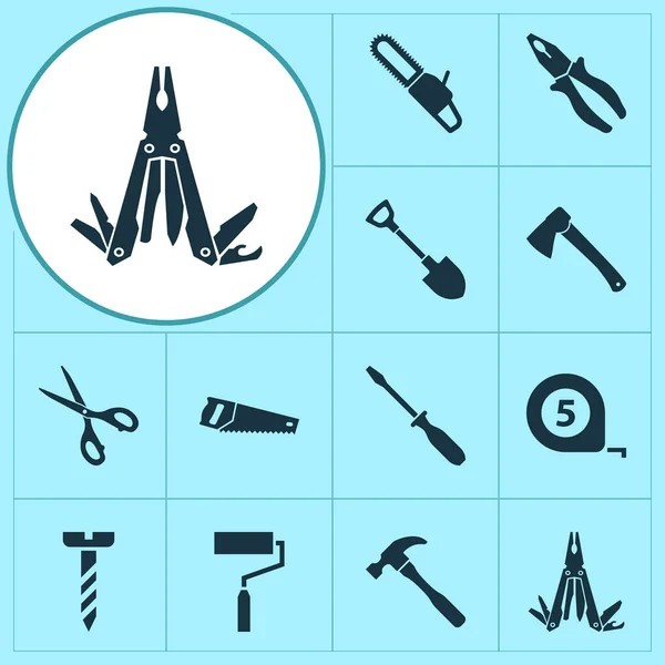 Icone utensili manuali con pinza, bullone, pala e altri elementi a vite girevole. Isolato illustrazione handtools icone . — Foto Stock