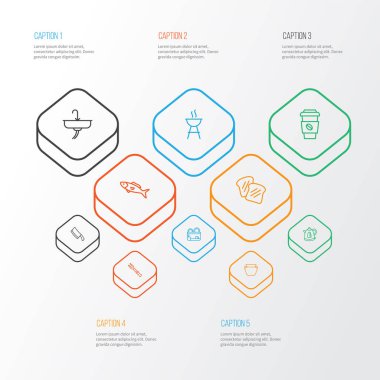 Lavabo, kahve fincanı, tost ekmeği ve diğer deniz ürünleriyle birlikte gastronomi simgeleri dizisi. İzole edilmiş çizim gastronomi simgeleri.