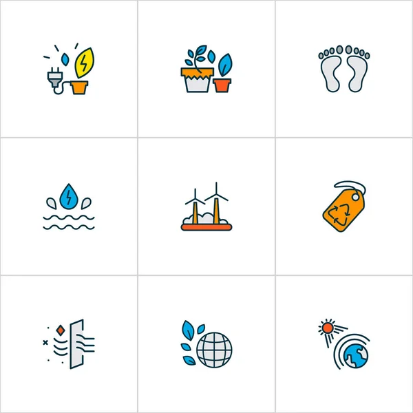 Eco icone linea colorata set con mondi batman, energia dalle piante, energia dell'acqua e altri elementi di pulizia dell'aria. Isolato illustrazione eco icone . — Foto Stock