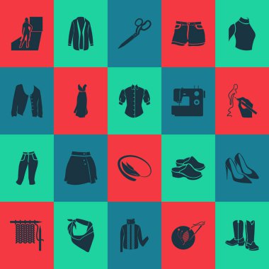 Örgü örme, balıkçı yaka kazak, pist ve diğer bilezik unsurlarıyla moda tasarım ikonları. İzole vektör illüstrasyon moda ikonları.