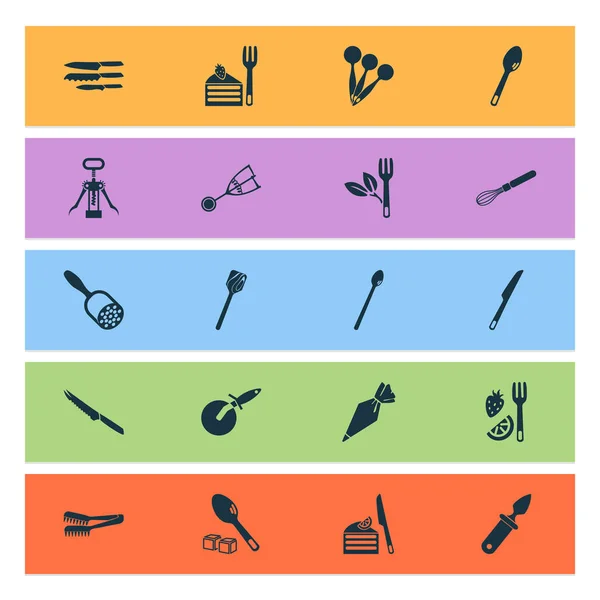 Utensilien-Ikonen-Set mit Tomatenmesser, Korkenzieher, Besteck und anderen Wendeelementen. Isolierte Vektor Illustration Utensil Icons. — Stockvektor