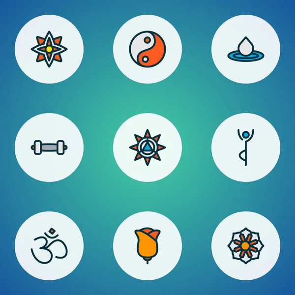 Relax icons colored line set with decoration, hinduism, mandala tao elements. Isolated vector illustration relax icons. — Stock Vector