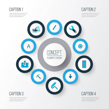 Endüstriyel simgeler ayırıcılarla, matkapla, değirmen kesiciyle ve diğer kazma elementleriyle renklendiriliyor. İzole edilmiş illüstrasyon sanayi simgeleri.