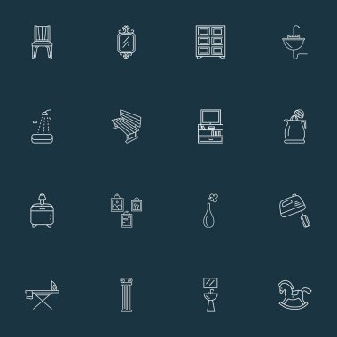 Sallanan at, meyve sıkacağı, duvar resmi ve diğer televizyon unsurlarıyla iç simgeler dizisi. Ayrı resimleme iç simgeleri.