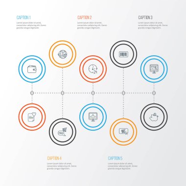 Dünya çapında nakliye, ekommerce, alışveriş sitesi ve diğer çanta unsurlarıyla birlikte e-ticaret simgeleri çizimi. İzole edilmiş illüstrasyon e-ticaret simgeleri.