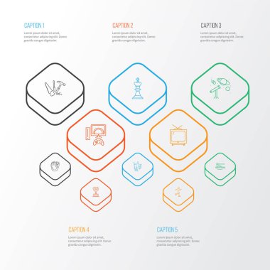 Makarna, paten, televizyon ve diğer patenci unsurlarıyla eğlence ikonları çizimi. İzole edilmiş illüstrasyon eğlence simgeleri.