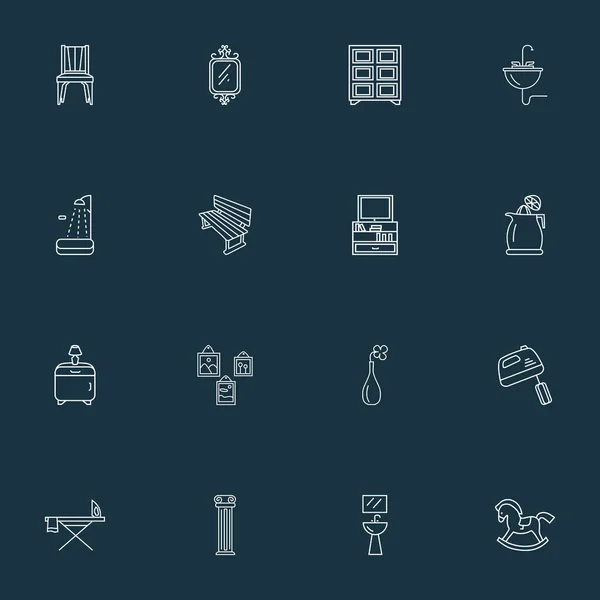 Interieur pictogrammen lijn stijl set met schommelpaard, fruitpers, muurschildering en andere televisie-elementen. Geïsoleerde illustratie interieur iconen. — Stockfoto