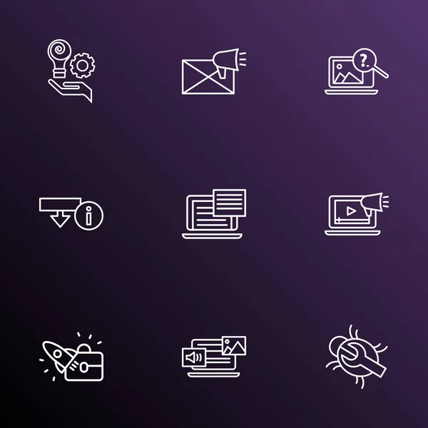 Optimization icons line style set with download information, bug fixing, text content and other photo content elements. Isolated illustration optimization icons. — Stock Photo, Image