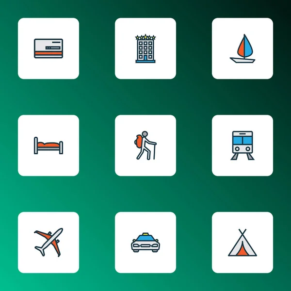Esplorazione icone linea colorata con tenda, aereo, treno e altri elementi di pagamento. Isolate icone di esplorazione illustrazione . — Foto Stock