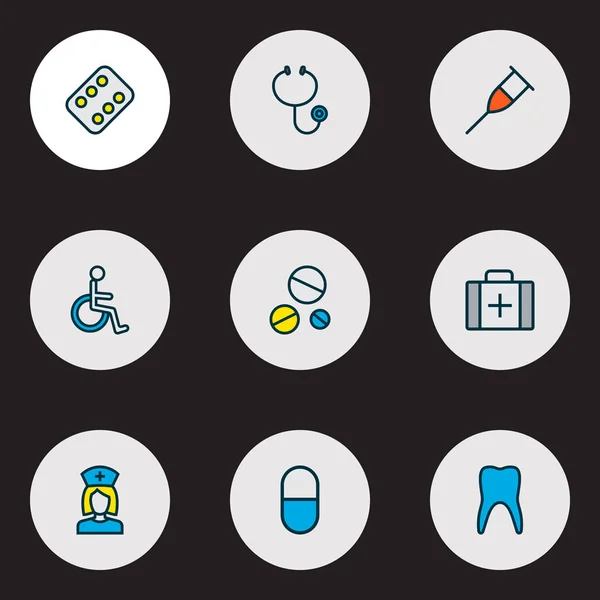 Antybiotyk ikony kolorowy zestaw linii z pielęgniarką, pigułki, stetoskop i inne elementy emalii. Izolowane ikony antybiotyków ilustracyjnych. — Zdjęcie stockowe