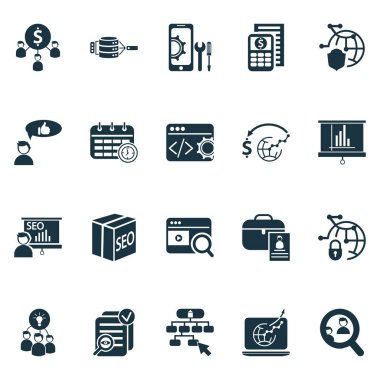 Site navigasyonu, zaman planlaması, ağ koruması ve diğer finansal unsurlarla finans simgeleri ayarlandı. İzole illüstrasyon finans simgeleri.