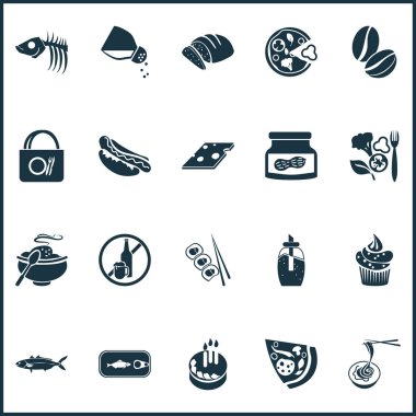 Vejetaryen yiyecekleri, balık kemikleri, ekmek ve diğer maki unsurları içeren yemek simgeleri. İzole edilmiş resimli yemek simgeleri.