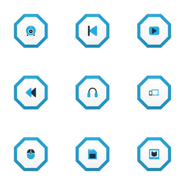 Ícones multimídia colorido conjunto com aprendizagem, rebobinar, para trás e outros elementos do dispositivo de controle. Isolados ícones ilustração multimídia . — Fotografia de Stock