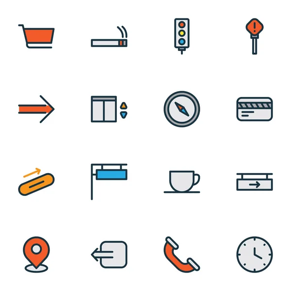 Icone di direzione linea colorata con appeso bordo, ascensore, fumo e altri elementi carrello della spesa. Isolate icone direzione illustrazione . — Foto Stock