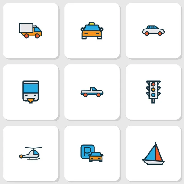 Transport-Symbole farbige Linie mit Taxi, Hubschrauber, Schwebebahn und andere Elemente Chopper gesetzt. Isolierte Symbole für den Transport. — Stockfoto