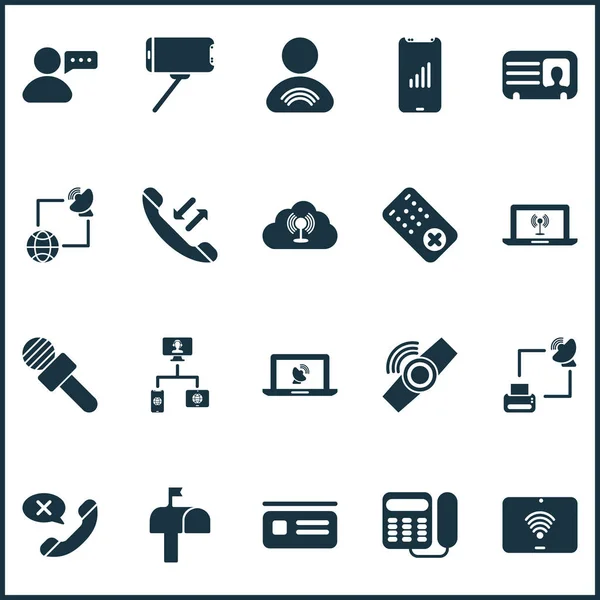 Icone di telecomunicazione con selfie stick, rete domestica, smart watch e altri elementi dello smartphone. Isolate icone di telecomunicazione vettoriale illustrazione . — Vettoriale Stock