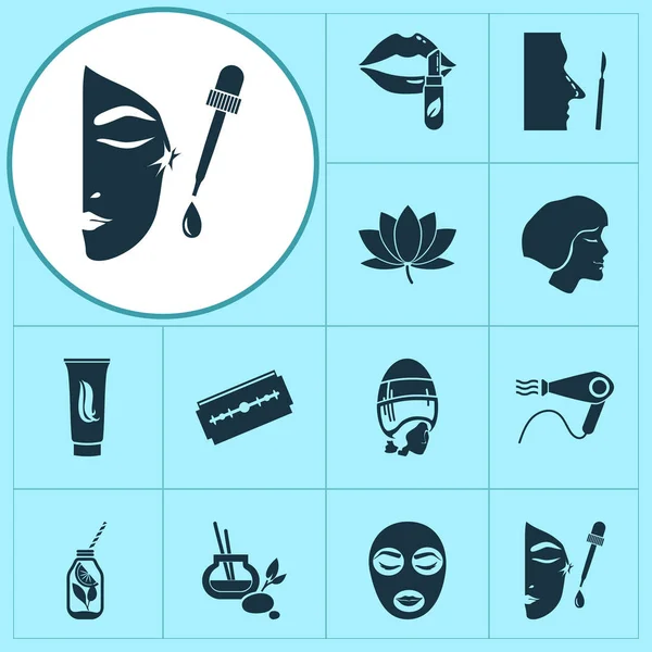 Mooie iconen bezet met lippenbalsem, neuscorrectie, haarconditioner en andere lippenstift elementen. Geïsoleerde vector illustratie mooie iconen. — Stockvector