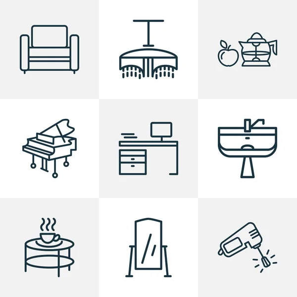 Будинок іконки лінійний стиль набір з сучасним кріслом, підставка для миття посуду, елементи столу для запікання. Ізольовані Векторні ілюстрації іконки будинку . — стоковий вектор