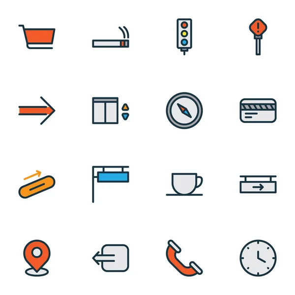 Iconos de información de color conjunto de línea con tablero colgante, ascensor, humo y otros elementos del carro de la compra. Iconos de información de ilustración vectorial aislado . — Archivo Imágenes Vectoriales