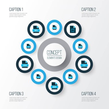 Dosya simgeleri dosya ico, dosya sunumu, dosya zip ve diğer arşiv elemanlarıyla renklendirildi. İzole edilmiş illüstrasyon dosya simgeleri.