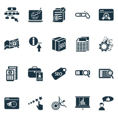 Fotoğraf sunumu, bilgi yükleme, arama motoru ve diğer konteyner elemanları ile finans simgeleri ayarlandı. İzole vektör illüstrasyon finans simgeleri.