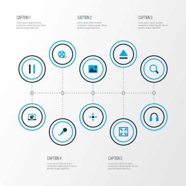 Medya simgeleri monitör, kulaklık, arama ve diğer film şeritleri ile renklendirildi. İzole vektör illüstrasyon ortam simgeleri.