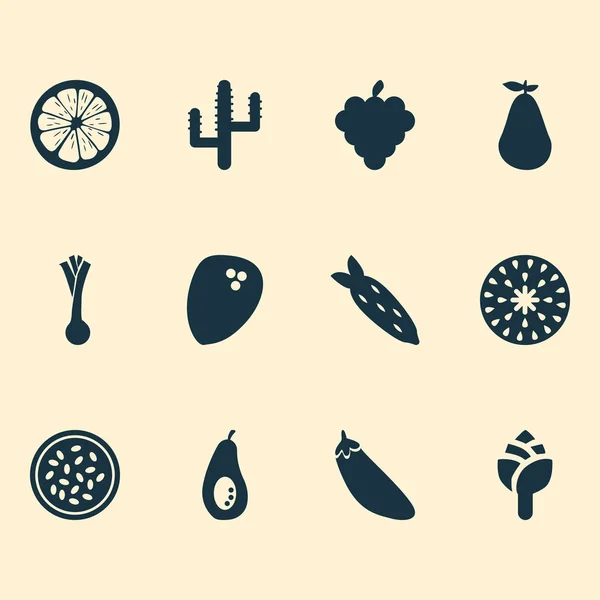 Conjunto de iconos de fruta con cactus, puerro, racimo y otros elementos de cebolla verde. Iconos de fruta de ilustración aislada . — Foto de Stock