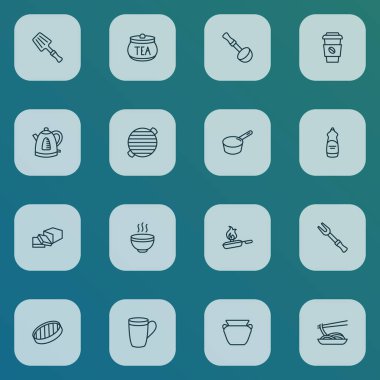 Spatula, bulaşık makinesi sıvısı, sıcak çorba ve diğer çömlek elementleriyle yemek ikonu dizisi. İzole edilmiş illüstrasyon aşçı simgeleri.