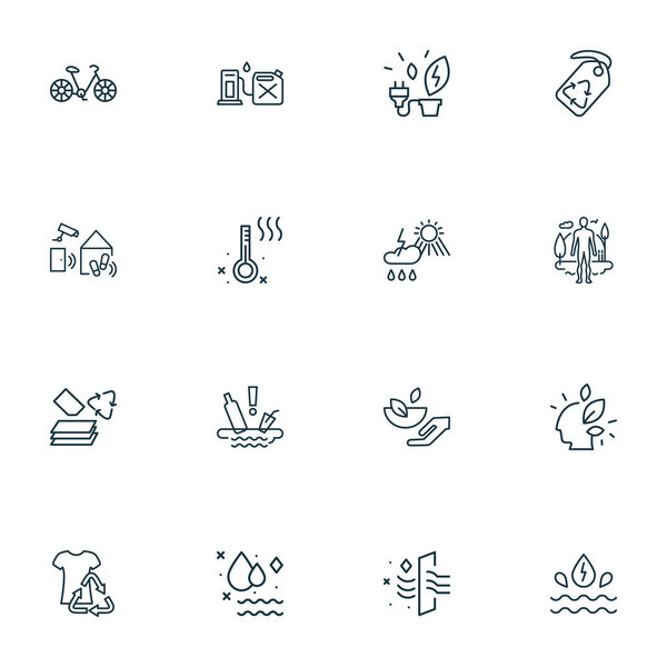 Environment icons line style set with human with nature, weather, bike and other healthy food elements. Isolated illustration environment icons.