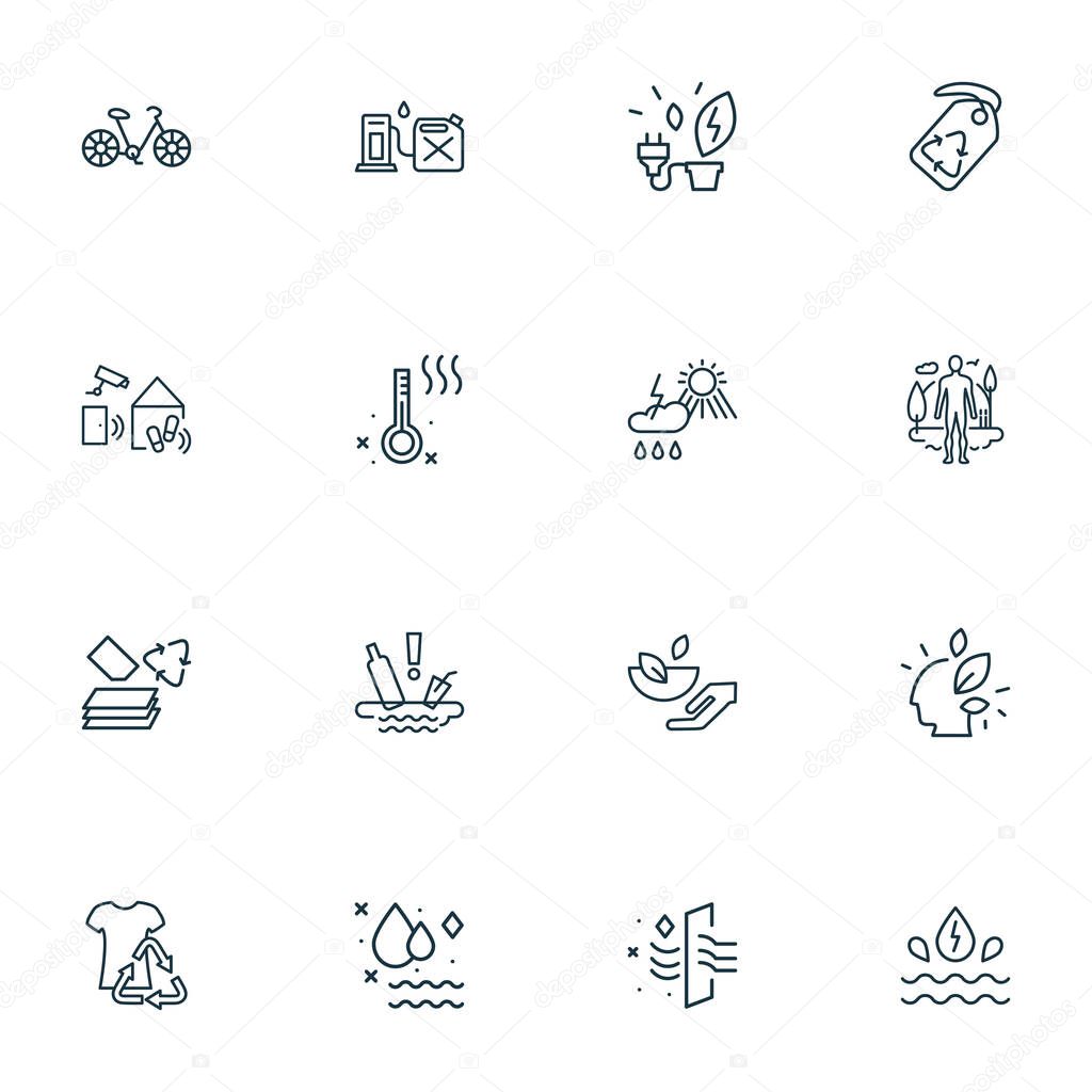 Environment icons line style set with human with nature, weather, bike and other healthy food elements. Isolated illustration environment icons.