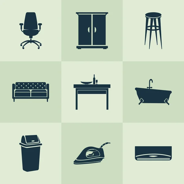 Жилищные иконки с мусорным баком, диваном, офисным креслом и другими эргономичными элементами кресла. Изолированные иконки корпуса иллюстраций . — стоковое фото