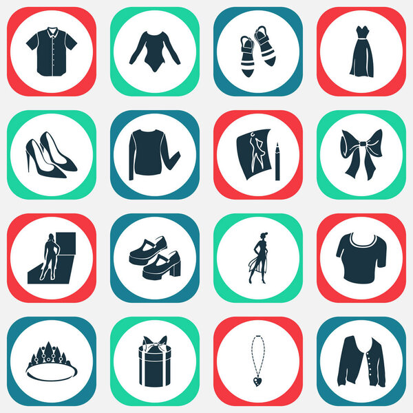 Style icons set with gift box, fashion sketch, platform shoes and other surprise elements. Isolated illustration style icons.