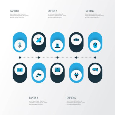 Aygıt simgeleri modem, telefon, fotoğraf makinesi ve diğer boombox elemanları ile renklendirildi. İzole edilmiş illüstrasyon aygıtı simgeleri.